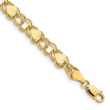 14k Yellow Gold 7mm Solid Double Link with Hearts Charm Bracelet 7"