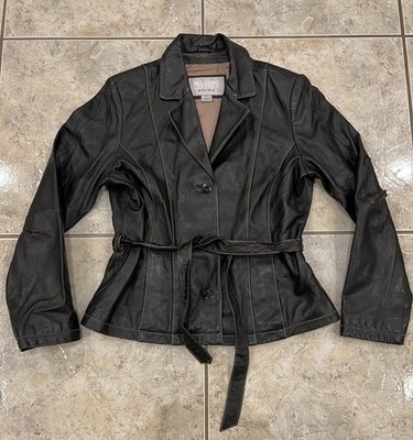 VTG Women's Large WILSONS MAXIMA Black 100% Leather Belted Coat Jacket
