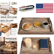Rustic Vintage Wooden Serving Trays Set of 2 with Metal Handles for Home Decor