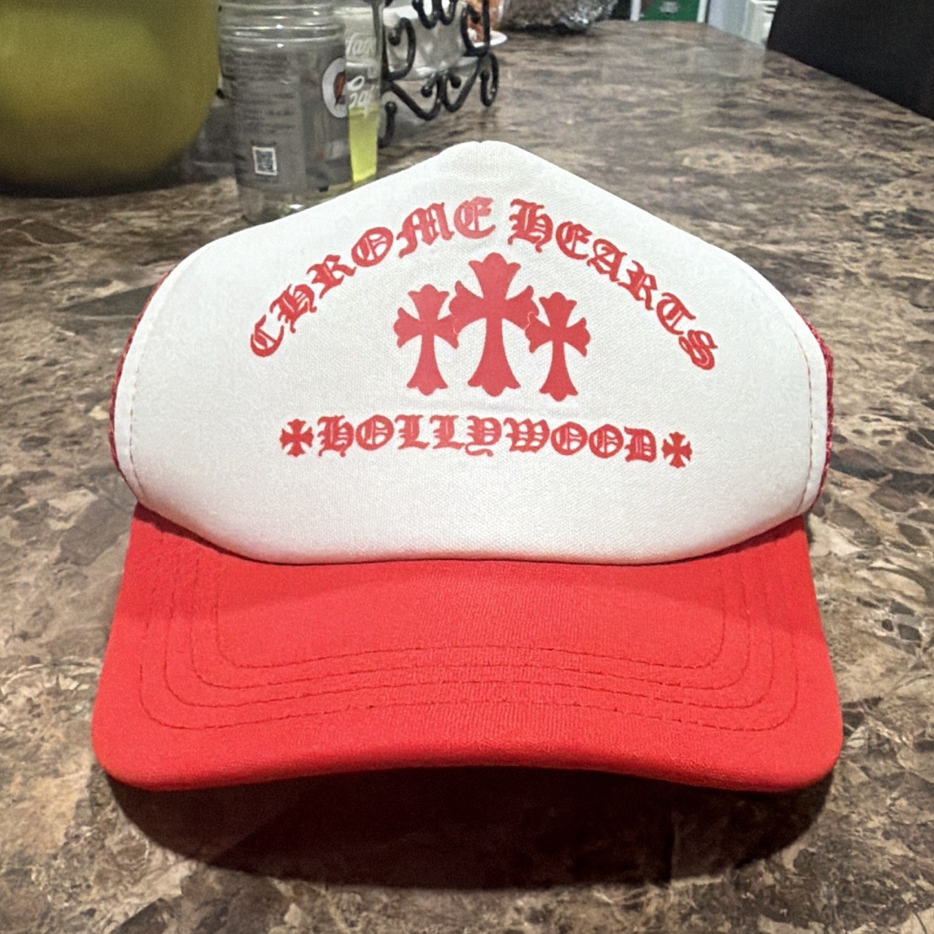 Chrome Hearts Red/White Trucker Hat Hollywood Graphic Mesh Back Adjustable
