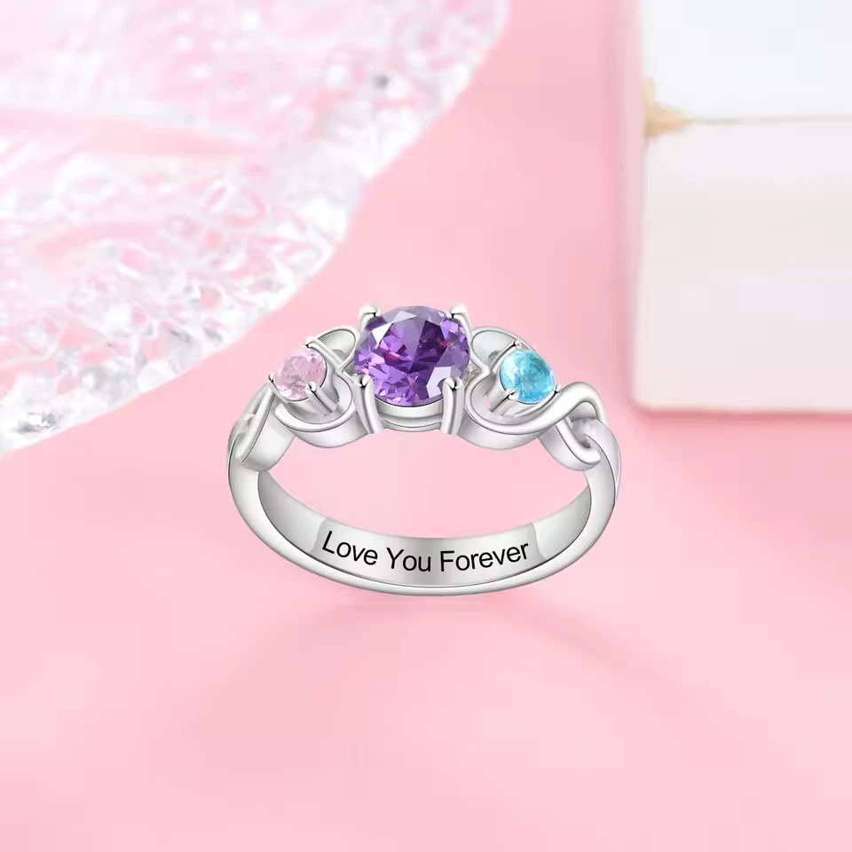 Anillo de boda grabado con nombre personalizado tres piedras de nacimiento anillo regalo joyas mujeres Foto 4 de 4
