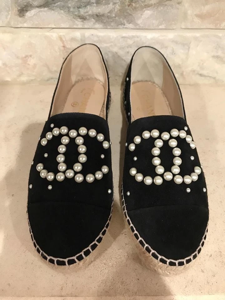 Authentic CHANEL Espadrilles Black Suede Calfskin And Pearl SIZE 39