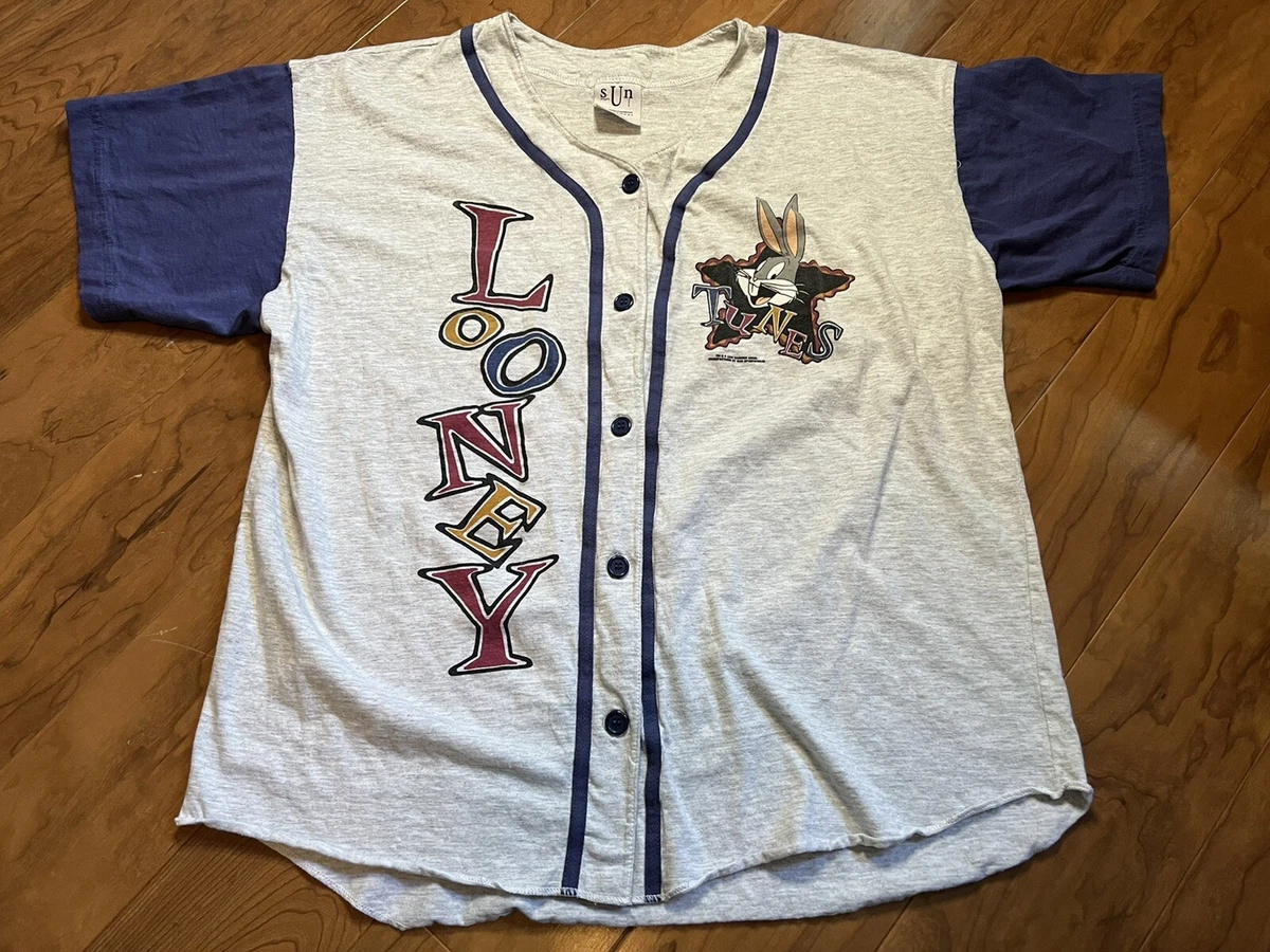 Vintage 90s Looney Tunes Bugs Bunny Baseball Button Up Short Sleeve Shirt L 1994