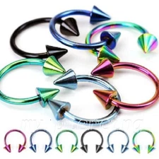 PAIR Anodized Spiked Horseshoe Circular Barbell Earrings Labret 18g 16g 14g 12g 