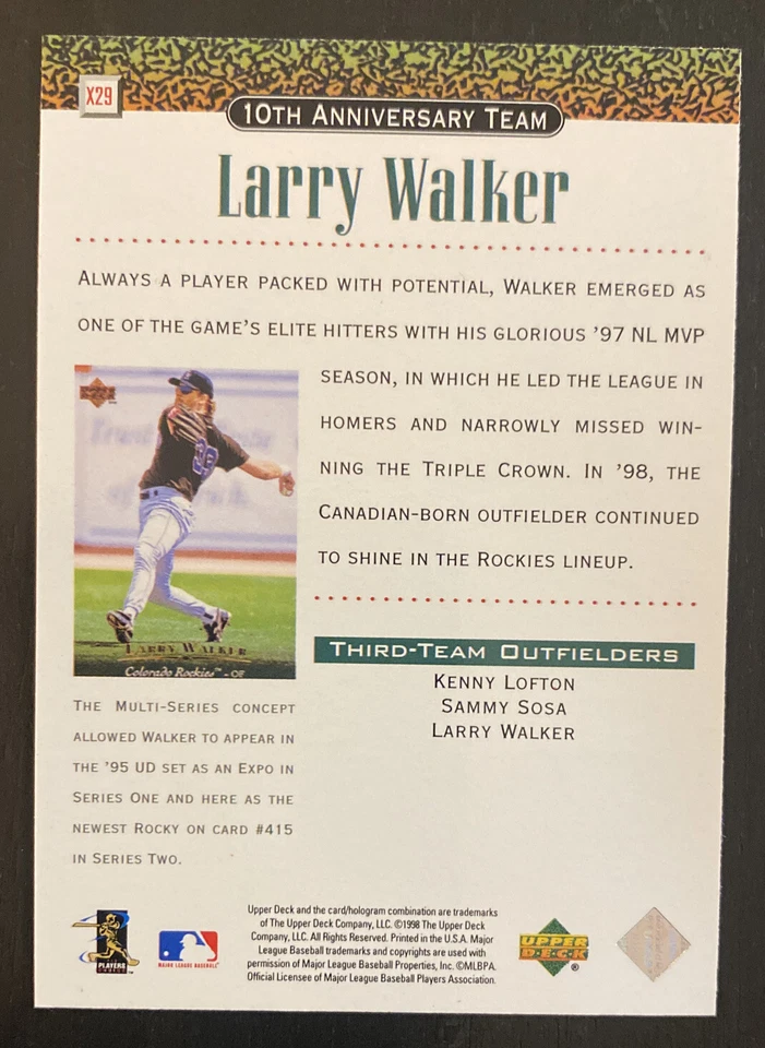 1998 Upper Deck 10th Anniversary Team Insert LARRY WALKER #x29 Expos Rockies - Image 2 of 2