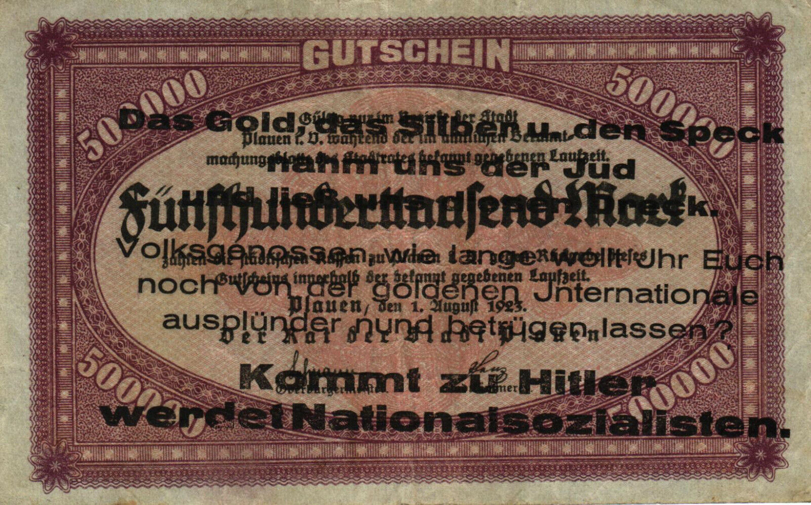 Keller 4330.c Plauen 500000 Mark 1923 Judaika politische Propaganda auf VS Gratis verzending, HOT