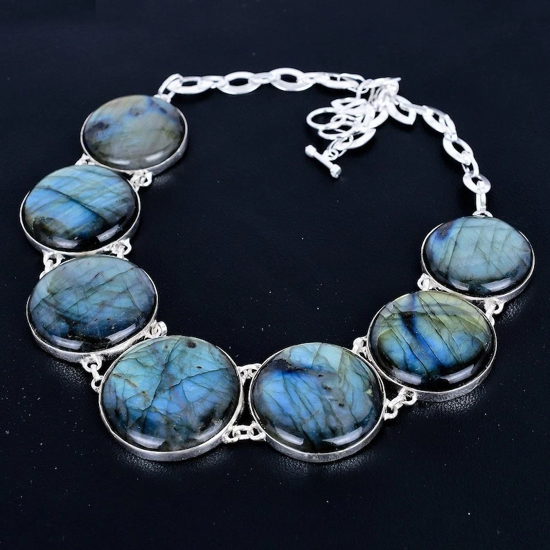 Collar Joyería Plata Esterlina 925 Hecho a Mano Piedras Preciosas Labradorita Azul Fuego 18" Foto 2 de 4