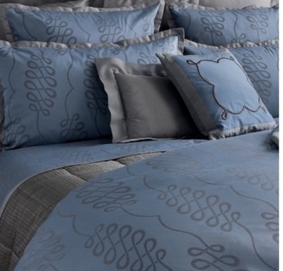 Yves Delorme Paris Queen Duvet & 2 Standard Pillow Shams Blue Gray Caligraphie