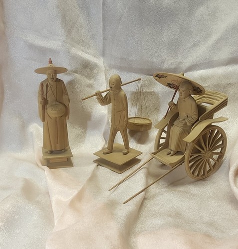 VTG  MCM 1940sHand Carved Wood Chinese Rickshaw, Fisherman & Preist Figures