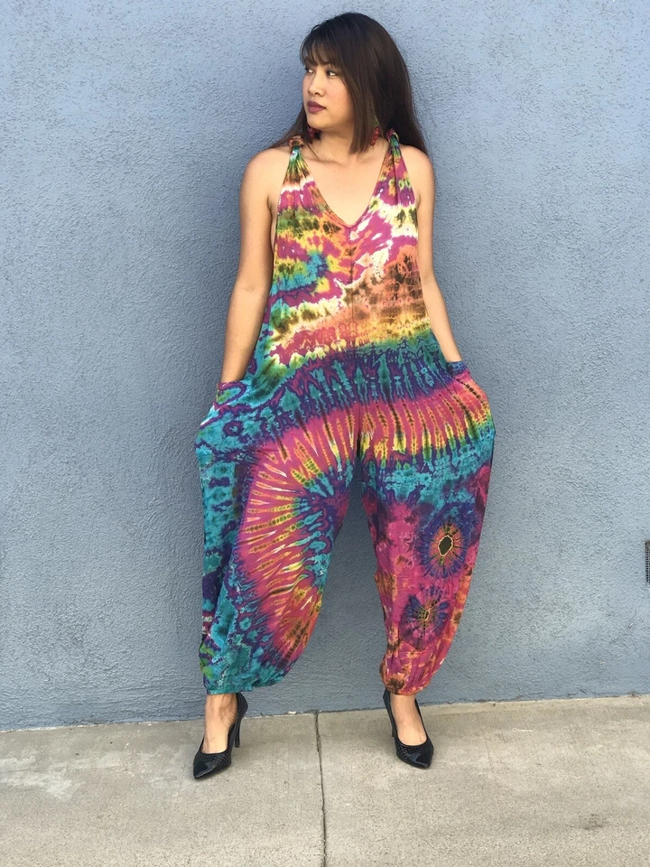 Mono de algodón hecho a mano para mujer Tie Dye playa boho hippie se adapta a ajuste pequeño a través de bo Foto 2 de 4