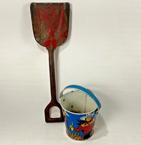 Vtg Ohio Art Sand Pail Shovel Western Cowboy Themed #202 Beach Bucket Toy metal