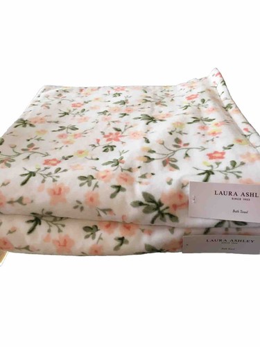 New Laura Ashley 2 Bath Towels Velour Pink White Dainty Cottage Floral Design