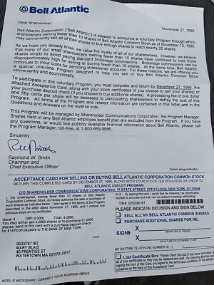 1995 Bell Atlantic Shareholder Letter Buy Sell Stock 25 Shares Min