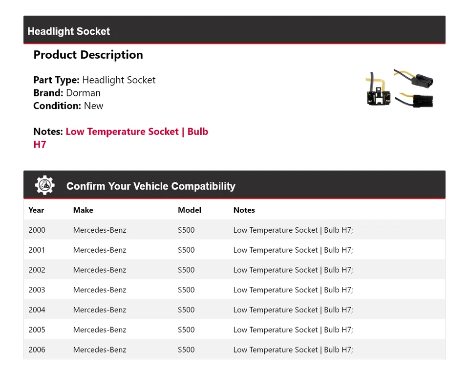 Enchufe de faros para Mercedes-Benz S500 Dorman 2000-2006 2001 2002 2003 2004 Foto 2 de 4