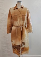 KulaKula Woman Size 8 Orange 100% Linen Cheetah Graphic Button Front Dress