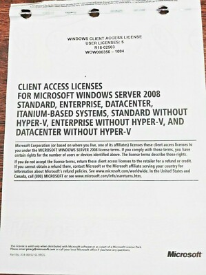 Windows Server 2008 License Pack, 5 CAL, SKU R18-02503 Windows Server 2008 License Pack, 5 CAL, SKU R18-02503