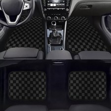 4pcs Universal Checkered Black Racing Fabric Car Floor Mats Interior Carpets