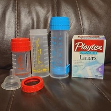 3 Vintage Playtex Bottles Drop Ins 3 Oz 8oz Red Blue Nursing Disposable Liners