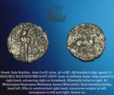 58-12 BC Greek Indo Scythia Azes I/II AR Drachm Riding Horse & Zeus 1.38g Coin