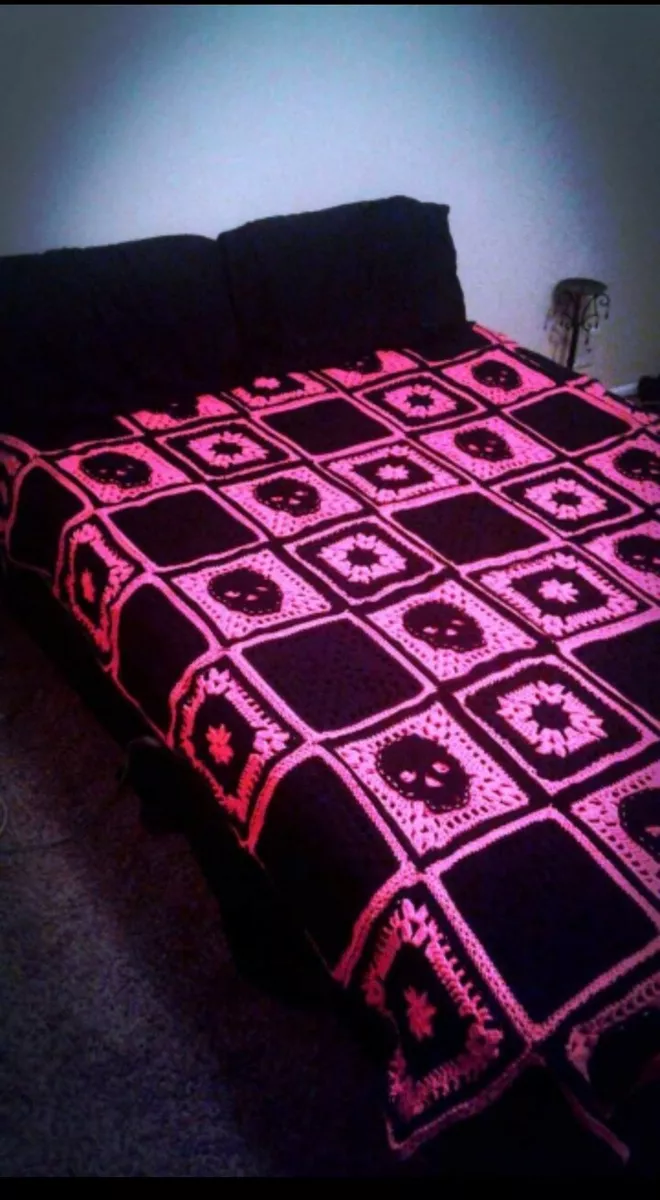 Large Crochet Pink And Black Skull Granny Square Blanket Handmade 88×64