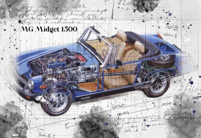 Line Tech Drawing MG Midget 1500 Auto Classic Cutaway Kunst Posterdruck