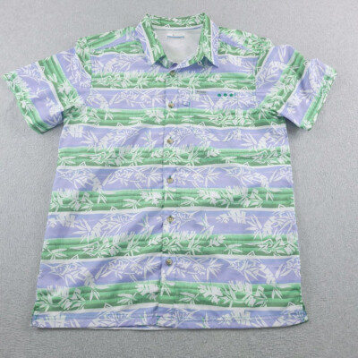 Columbia Shirt Mens Medium Green Purple Hawaiian Super Slack Tide Loop Collar