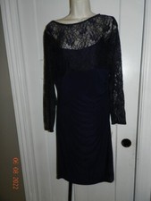 NEW CHAPS Lace trimmed Rouched Dress WOMEN'S LARGE Navy long sleeved $100