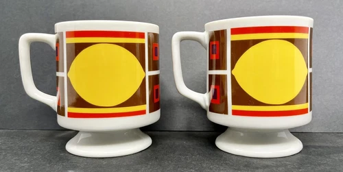 Vintage Pair MCM Mugs Orange Yellow Lemon  Fruit Brown Cups 8oz Boho Geometric