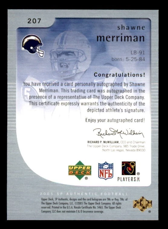 2005 SP Authentic #207 Shawne Merriman Chargers Rookie Auto #/850 - Image 2 of 2