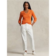 NWT Polo Ralph Lauren Cable-Knit Cotton V-Neck Sweater Women s XS Sun Orange
