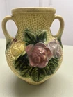 Roseville Pottery 1917 ROZANE Green, Deep Pink Roses 2 Handled Vase - Exc Cond