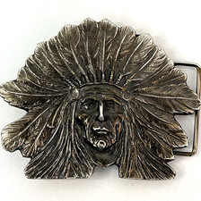 Vintage Native American Indian Chief Head Belt Buckle Wyoming Studio 1970 s USA