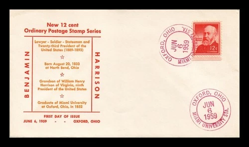 US COVER BENJAMIN HARRISON 12C FDC MIAMI UNIVERSITY OXFORD OHIO HAND CANCEL