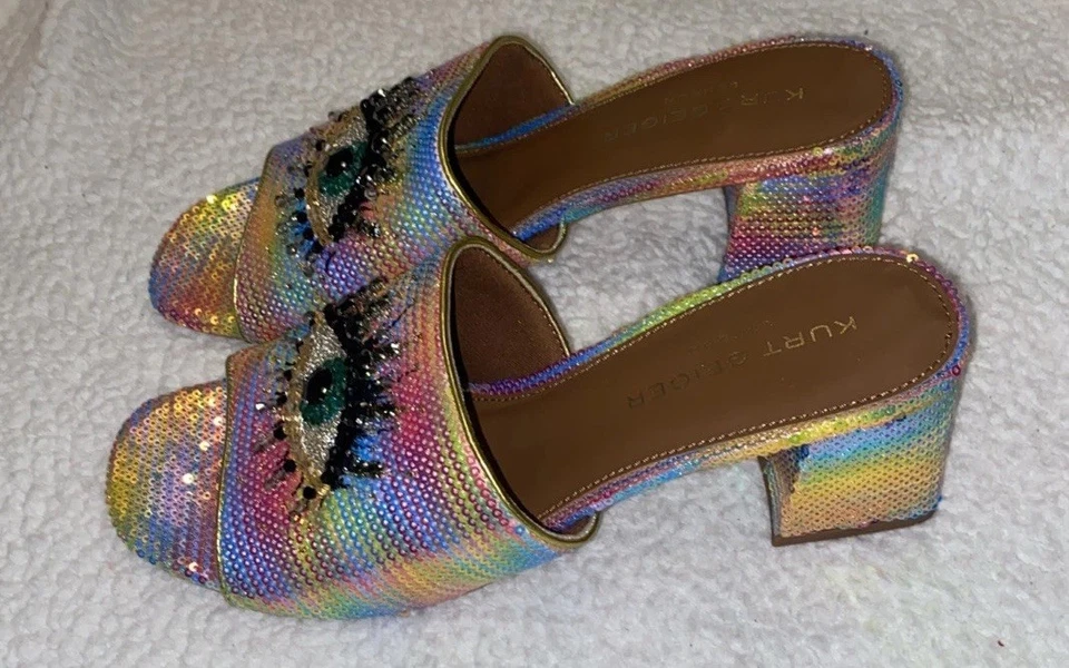 SANDALIA MULA OJO BLOQUE OLIVA KURT GEIGER LONDRES LENTEJUELAS EN MULTI TALLA 42/10 EE. UU. Foto 4 de 4