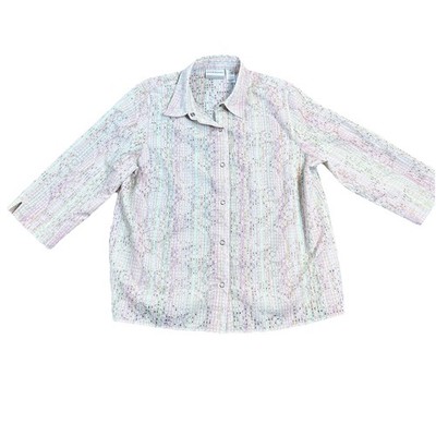 Alfred Dunner Top 14P Semi-Sheer Pastel Striped Floral Snaps Outdoor Garden