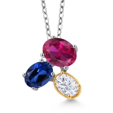 925 Silver and 10K Yellow Gold Created Ruby Created Sapphire and White