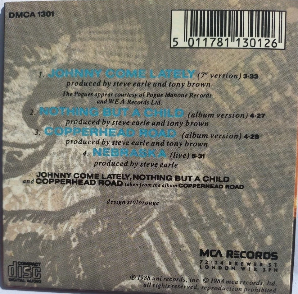 Steve Earle Johnny Come Lately 3" CD  Single Ex Condition 4 Tracks  - Image 2 of 2