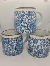 Creative Co-OpHand-Stamped Stoneware Mug, Blue/White, Set of 3 Styles NIB