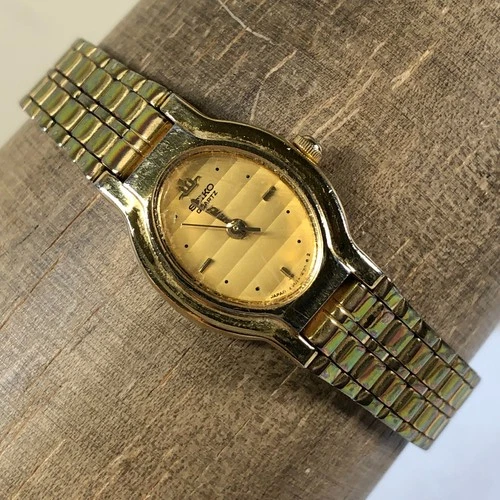 Vintage Seiko Galaxy Ladies V401-5270 Dress Gold Tone Oval Quartz 20mm Watch 7"