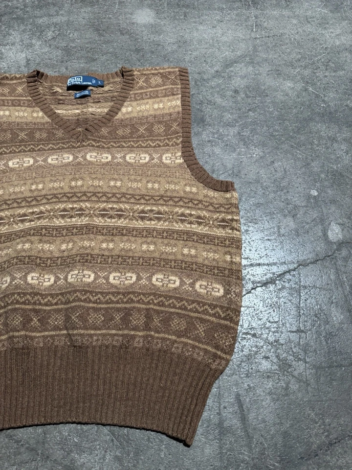 Vintage Polo Ralph Lauren Fair Isle Cashmere Knit Sweater Vest Size Large Brown - Image 3 of 4