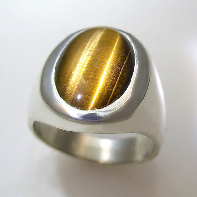 Sizes 8-14 Sterling Silver Tiger Eye Ring for Men Oval Recessed Rim Solid Back Handmade 