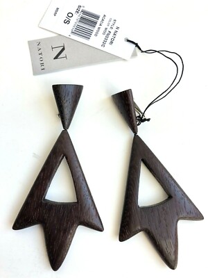 New Natori Acacia Wood Oversized Statement Light Weight Earrings Clip on Brown 