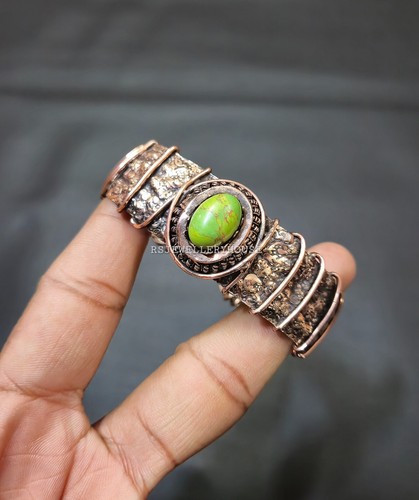 Green Copper Turquoise Bangle Copper Wire Wrapped Adjustable Cuff Bracelet gift - Picture 4 of 7