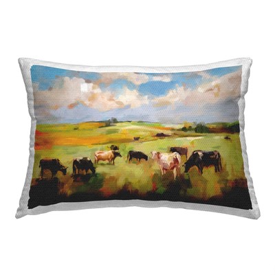 Cows Under Cloudy Sky Outdoor Printed Throw Pillow, 14 x 20, Green