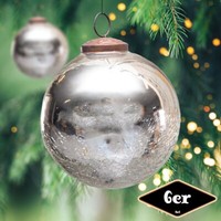 Christbaumkugelset, Rund, 6Er Set | Glas, Silber, Krakeliert | H12,0Xb10,5Cm