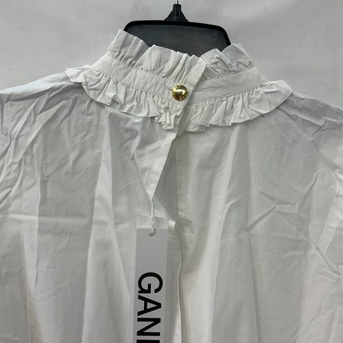 Ganni Poplin High Neck Shirt Womens Size M 6-8 White Cotton Long Sleeve Ruffle - Picture 12 of 21