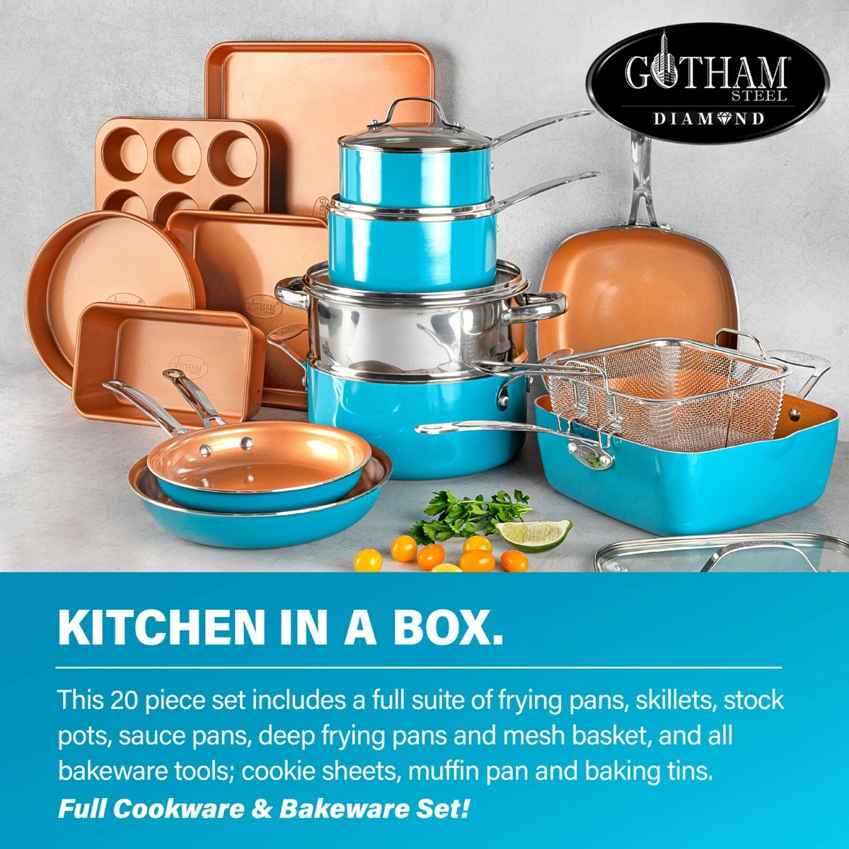 Gotham Steel Aqua Blue 20 Piece Nonstick Cookware and Bakeware Set