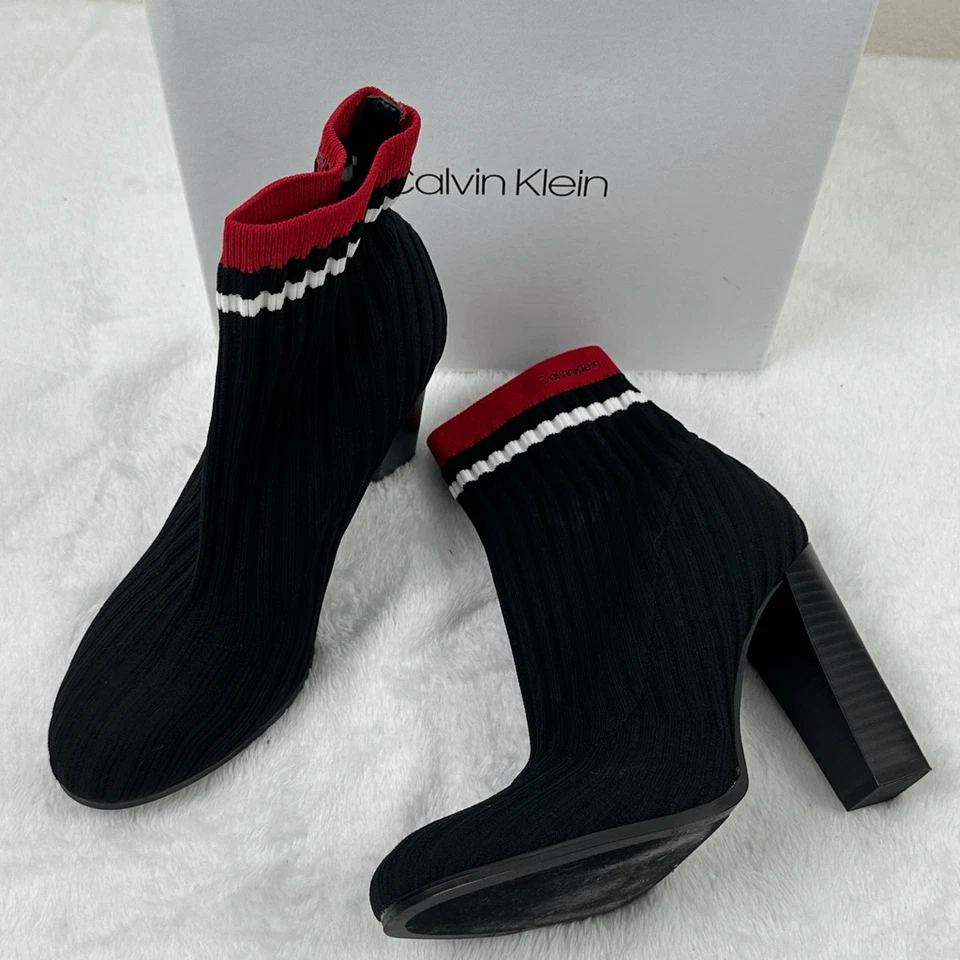 Calvin Klein Antonette Black and Red Ribbed Stretch Knit Ankle Boots size 9 - Image 2 of 4