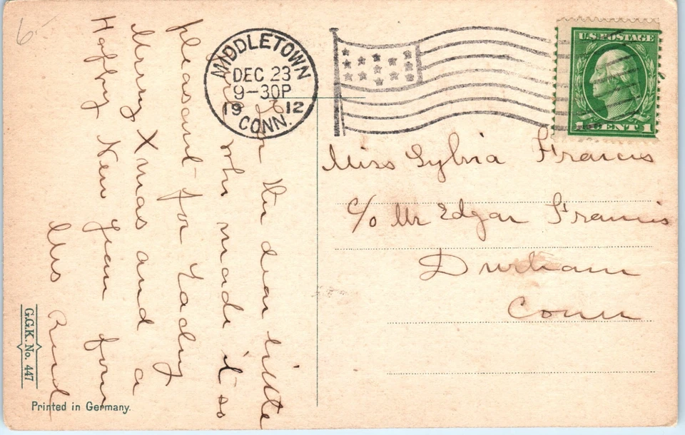 Vintage US postage Merry Christmas  Girl Angel Church Winter 1912 Connecticut  - Image 2 of 3