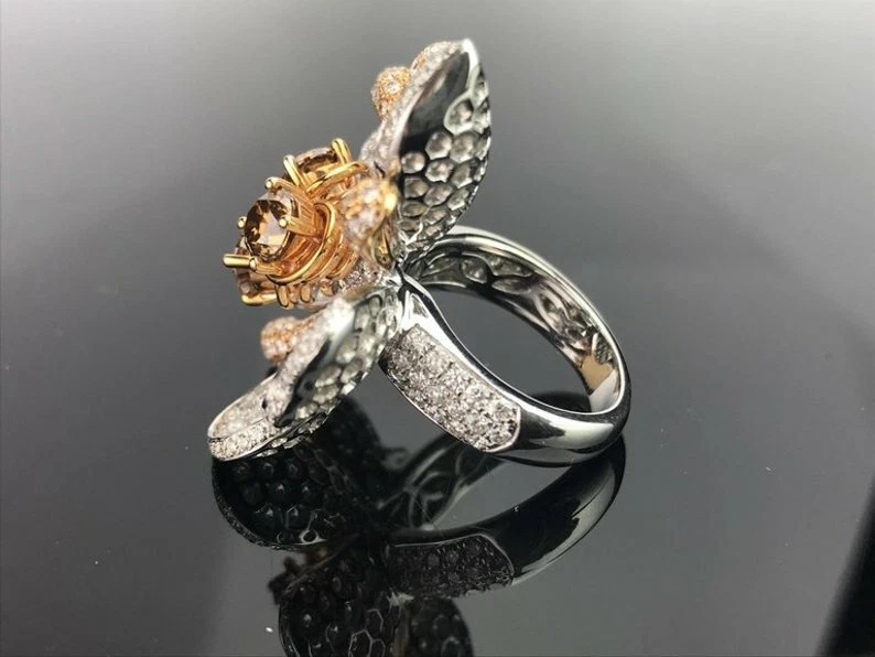 Hermoso anillo de compromiso de cuarzo ahumado y brillante circonita cúbica 9,41 ctw bonita flor 925 SS Foto 2 de 4